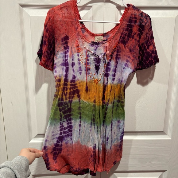 ADVANCE APPARELS Women’s Striped Multicolor Sequin Short Sleeve Blouse w/ Ties - Picture 2 of 6